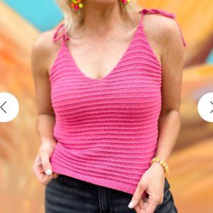 Blu Pepper Pink V Neck Ribbed Shoulder Tie Knit Tank